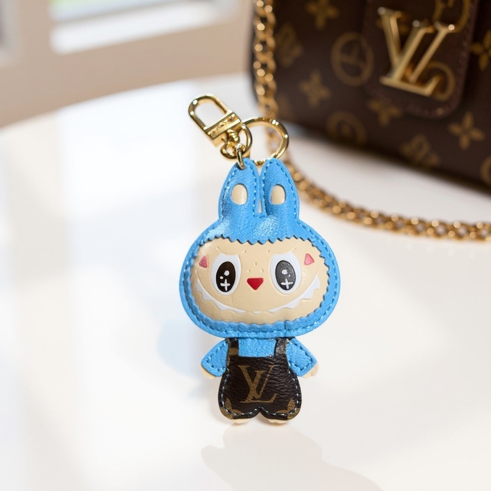 Brown monogram L . V  blue gold metal keychain bag charm key holder NEW